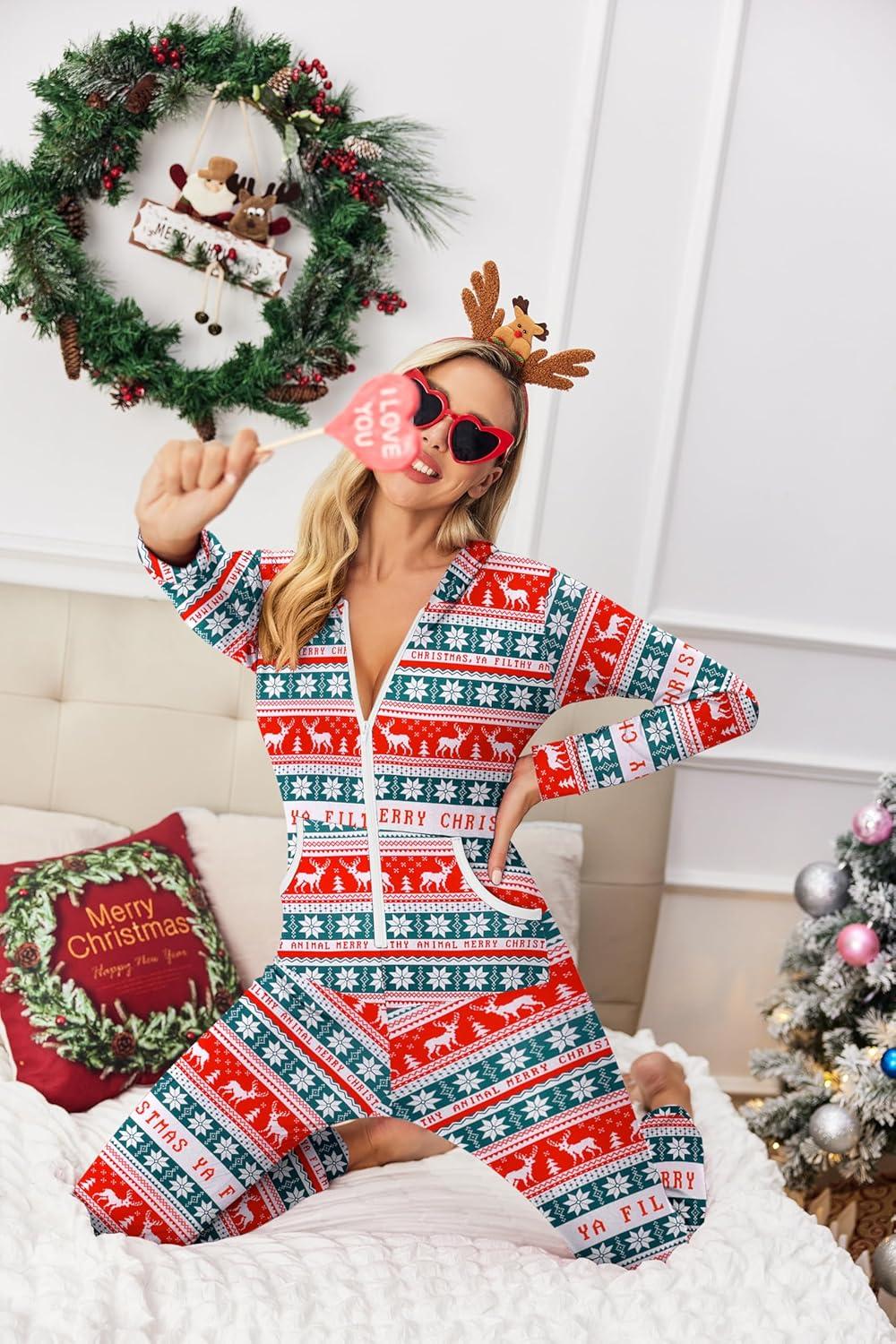 imageEkouaer Christmas Onesie for Women Hooded Jumpsuit Long Sleeve Zip Up One Piece Pajamas Novelty SleepwearChristmas Snowflakeselk