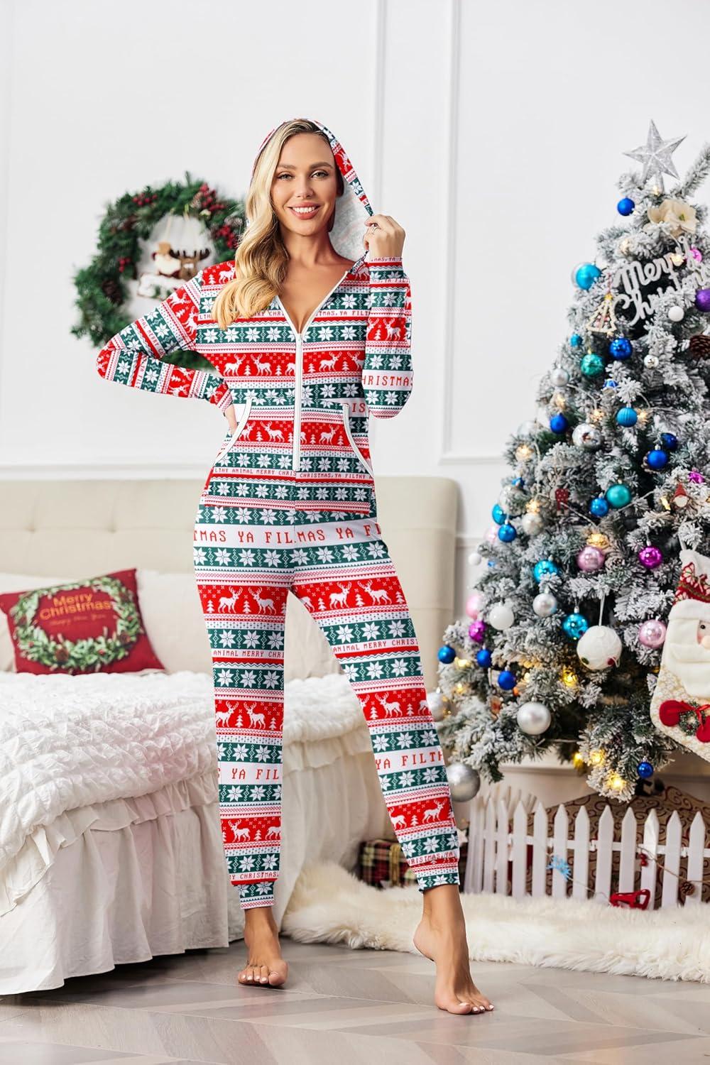 imageEkouaer Christmas Onesie for Women Hooded Jumpsuit Long Sleeve Zip Up One Piece Pajamas Novelty SleepwearChristmas Snowflakeselk