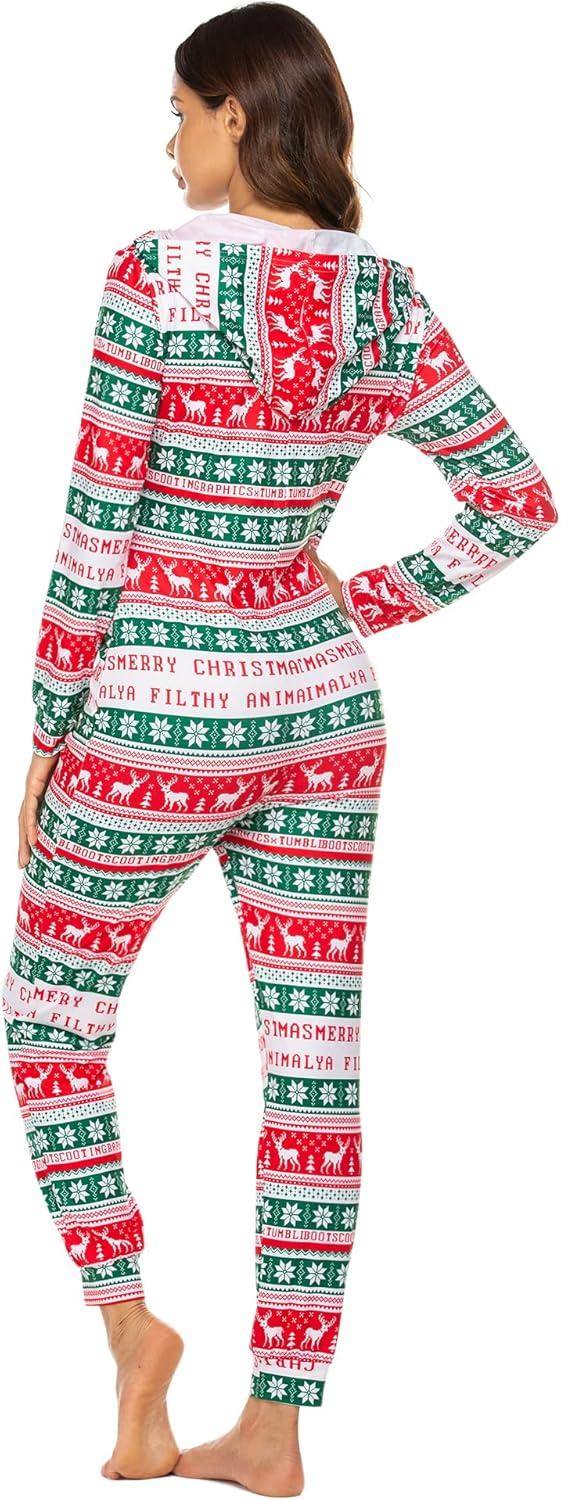 imageEkouaer Christmas Onesie for Women Hooded Jumpsuit Long Sleeve Zip Up One Piece Pajamas Novelty SleepwearChristmas Snowflakeselk