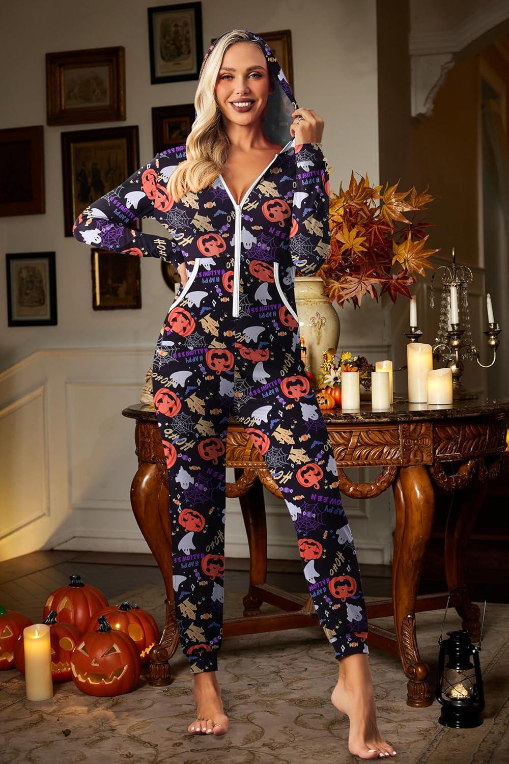 imageEkouaer Christmas Onesie for Women Hooded Jumpsuit Long Sleeve Zip Up One Piece Pajamas Novelty SleepwearHalloween Pumpkin