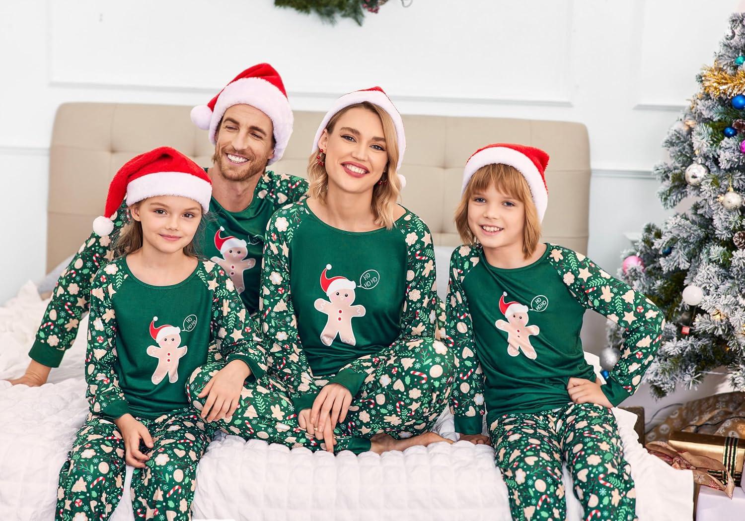 imageEkouaer Christmas Pajamas for Family Long Sleeve Pjs Matching Sets with Plaid Pants Soft Sleepwear LoungewearDark Green Gingerbread