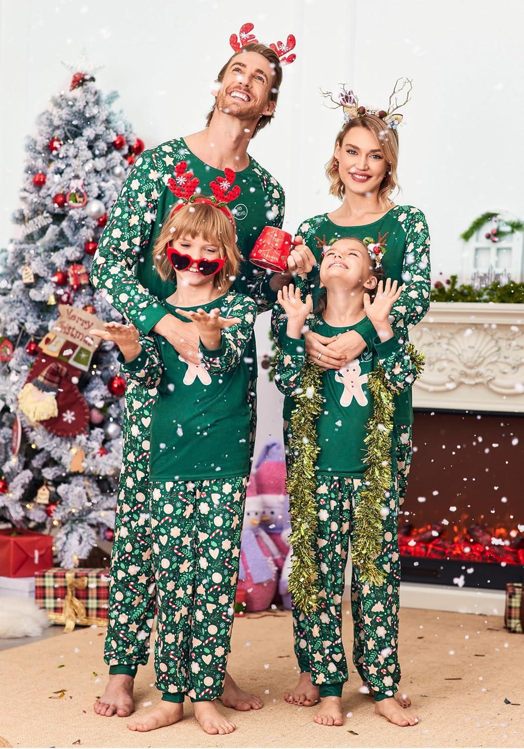 imageEkouaer Christmas Pajamas for Family Long Sleeve Pjs Matching Sets with Plaid Pants Soft Sleepwear LoungewearDark Green Gingerbread