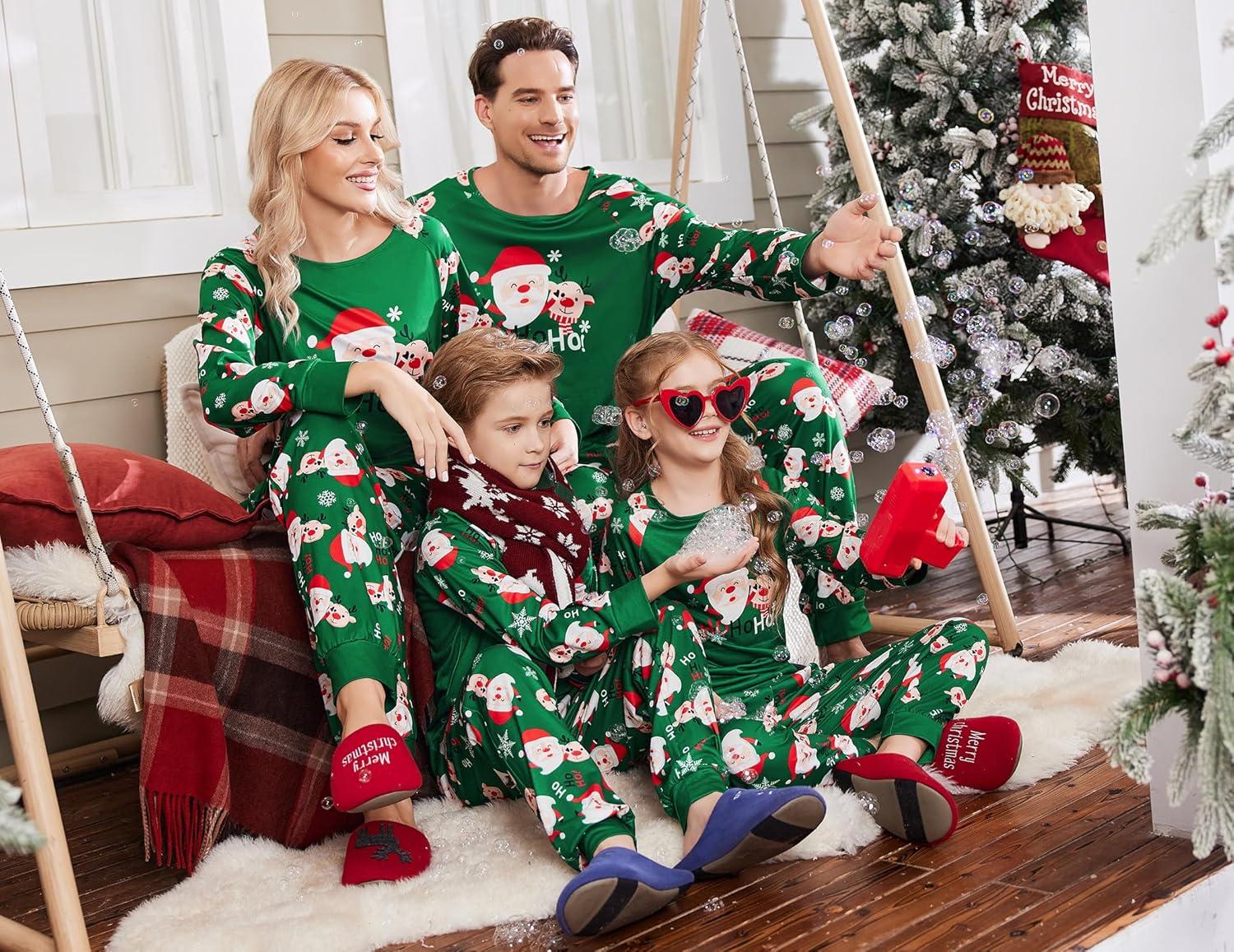 imageEkouaer Christmas Pajamas for Family Long Sleeve Pjs Matching Sets with Plaid Pants Soft Sleepwear LoungewearGreen Hohoho
