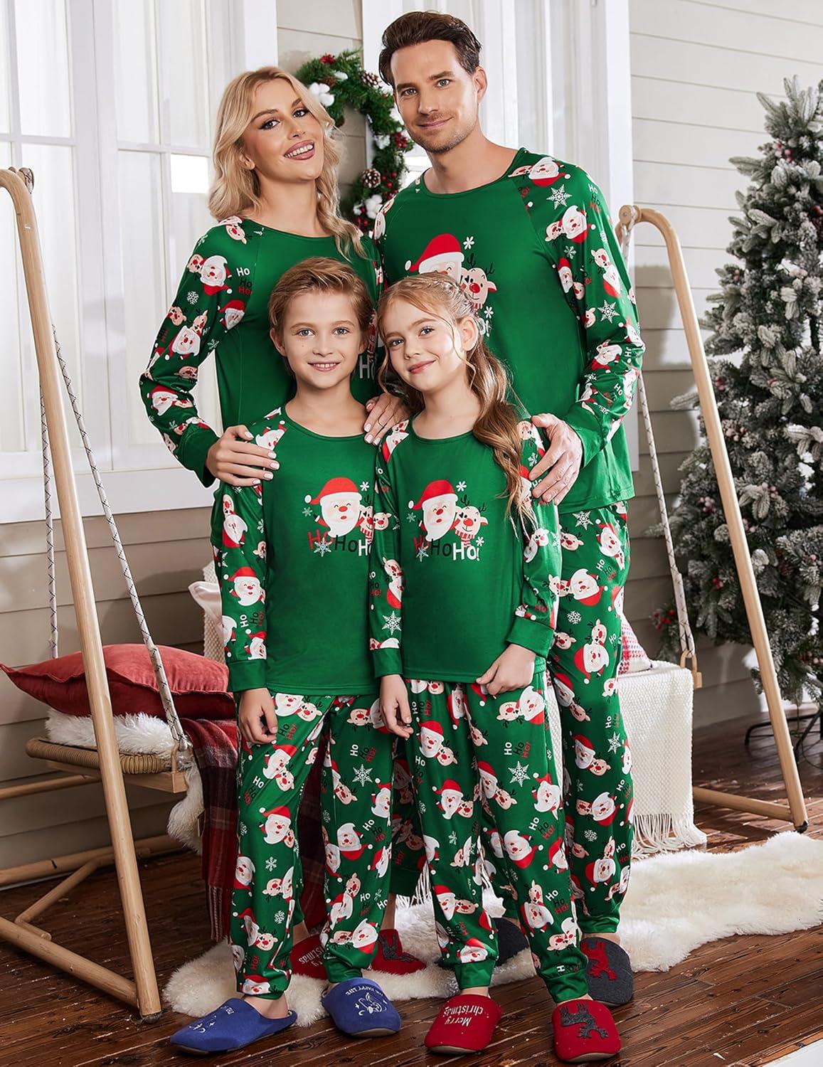 imageEkouaer Christmas Pajamas for Family Long Sleeve Pjs Matching Sets with Plaid Pants Soft Sleepwear LoungewearGreen Hohoho