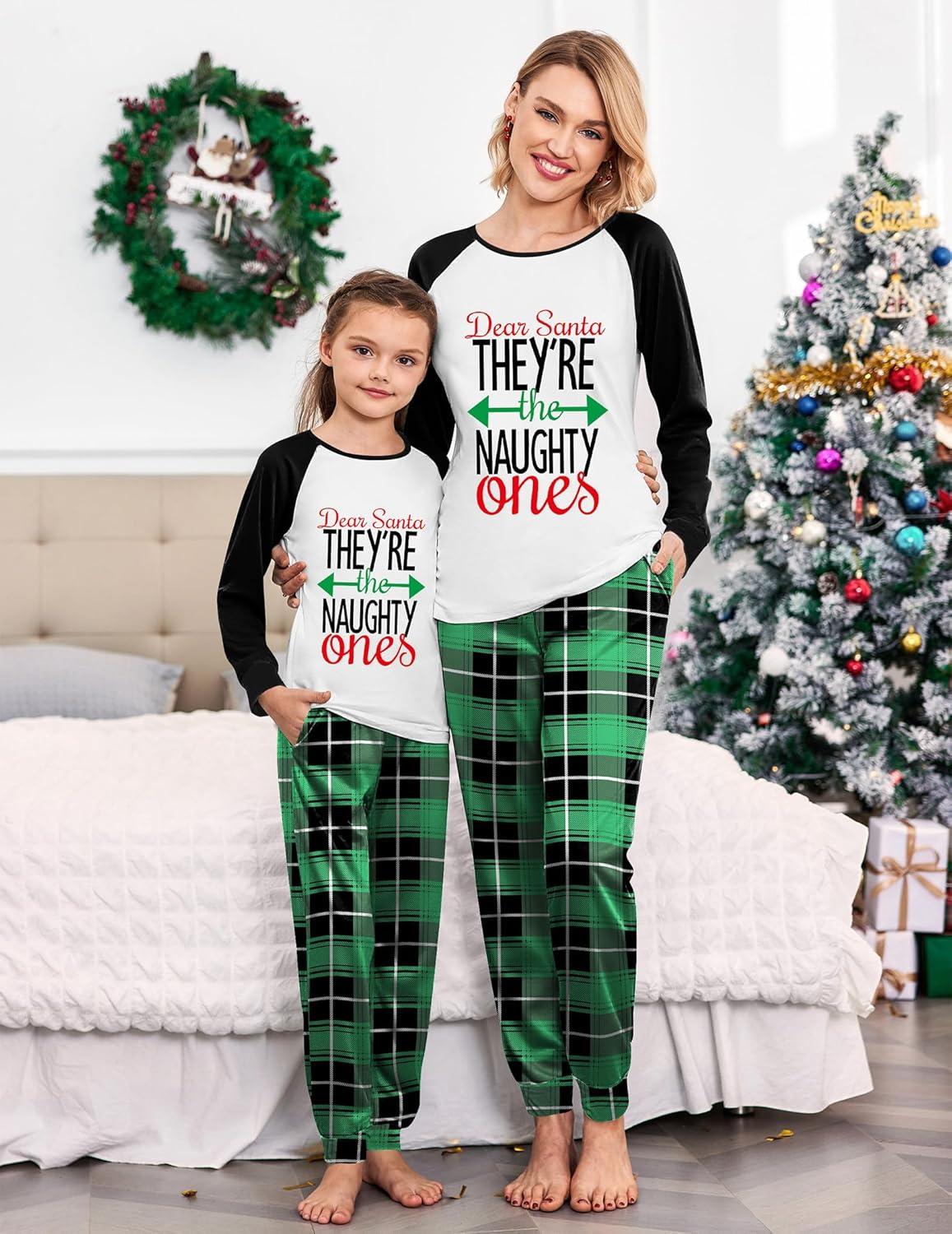 imageEkouaer Christmas Pajamas for Family Long Sleeve Pjs Matching Sets with Plaid Pants Soft Sleepwear LoungewearGreen Letter