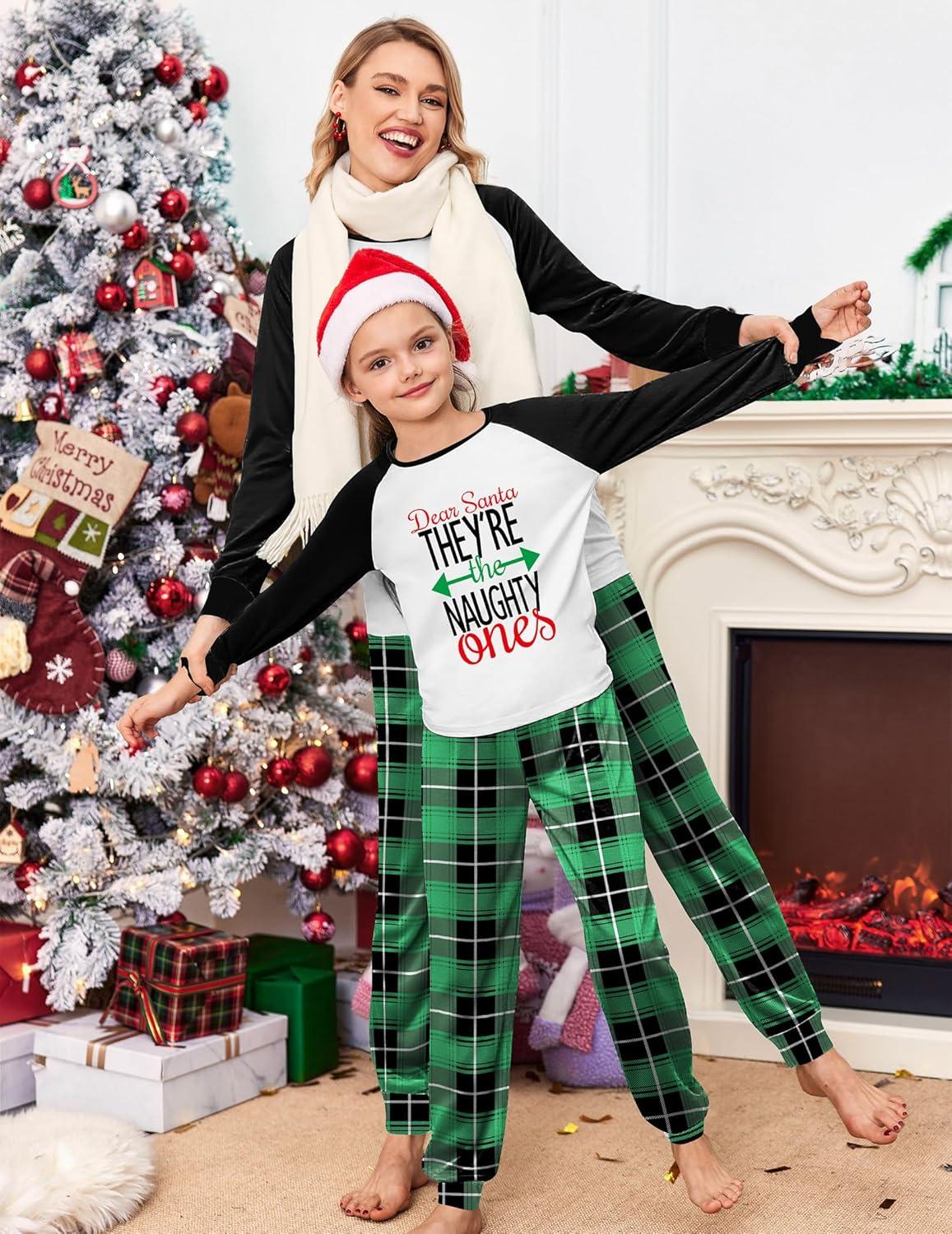 imageEkouaer Christmas Pajamas for Family Long Sleeve Pjs Matching Sets with Plaid Pants Soft Sleepwear LoungewearGreen Letter