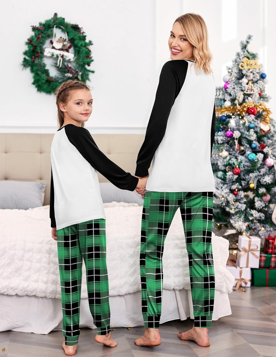 imageEkouaer Christmas Pajamas for Family Long Sleeve Pjs Matching Sets with Plaid Pants Soft Sleepwear LoungewearGreen Letter