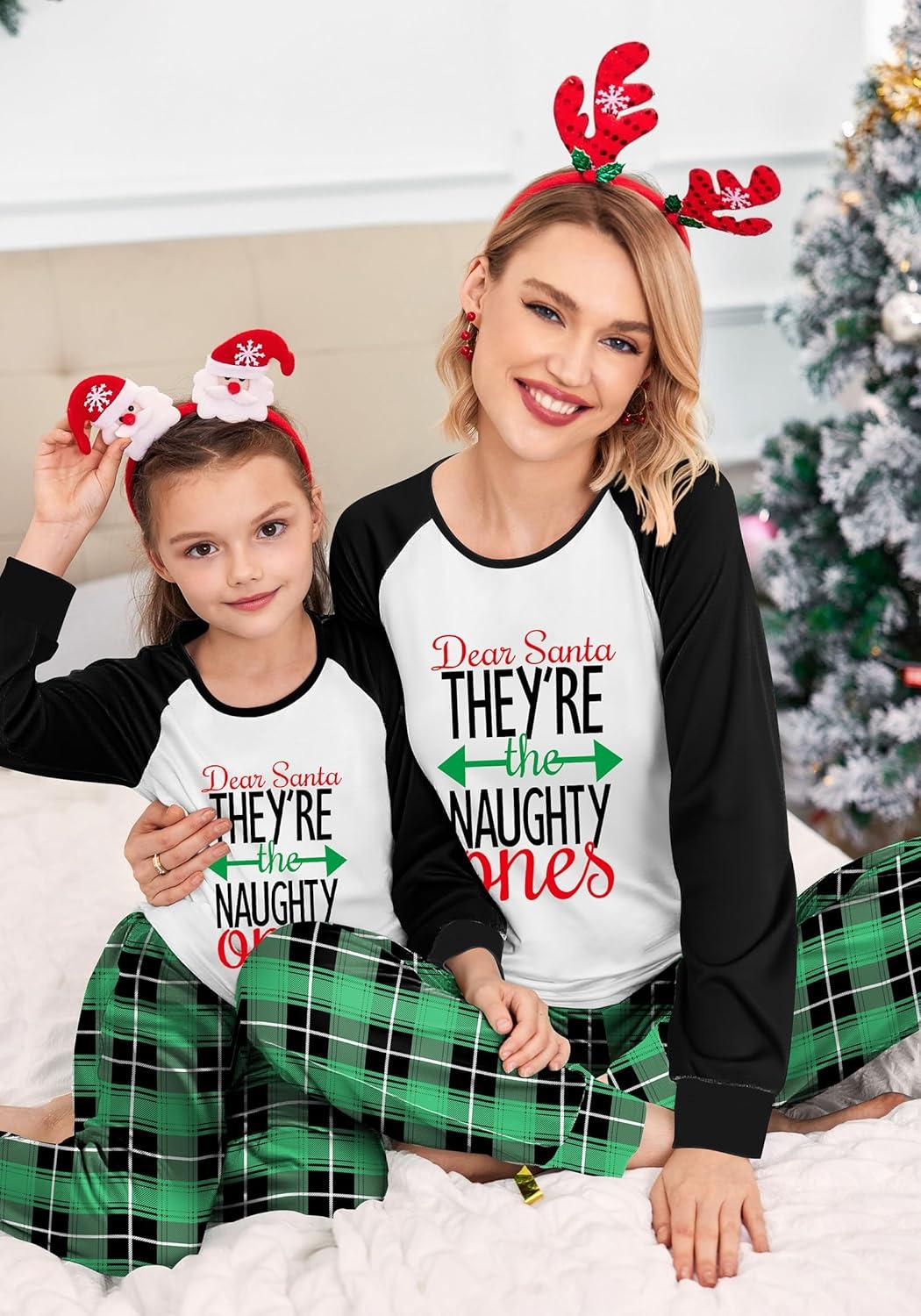 imageEkouaer Christmas Pajamas for Family Long Sleeve Pjs Matching Sets with Plaid Pants Soft Sleepwear LoungewearGreen Letter