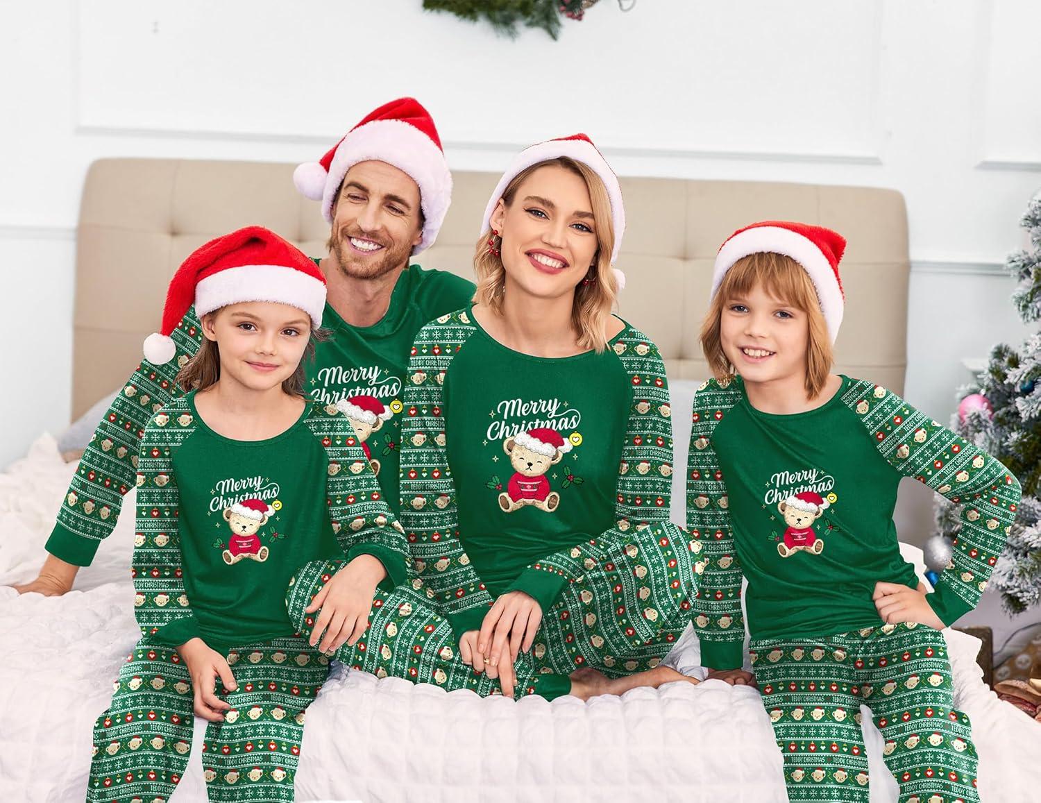 imageEkouaer Christmas Pajamas for Family Long Sleeve Pjs Matching Sets with Plaid Pants Soft Sleepwear LoungewearGreen Teddy Bear