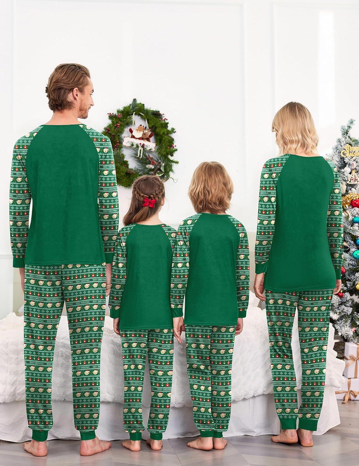 imageEkouaer Christmas Pajamas for Family Long Sleeve Pjs Matching Sets with Plaid Pants Soft Sleepwear LoungewearGreen Teddy Bear