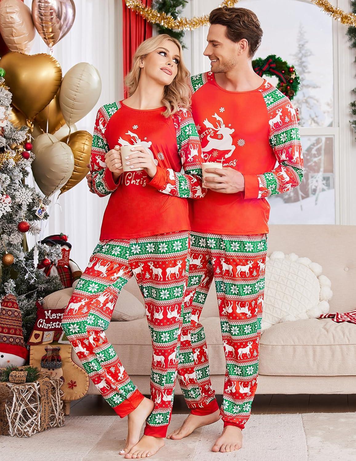imageEkouaer Christmas Pajamas for Family Long Sleeve Pjs Matching Sets with Plaid Pants Soft Sleepwear LoungewearRed Christmas Elk