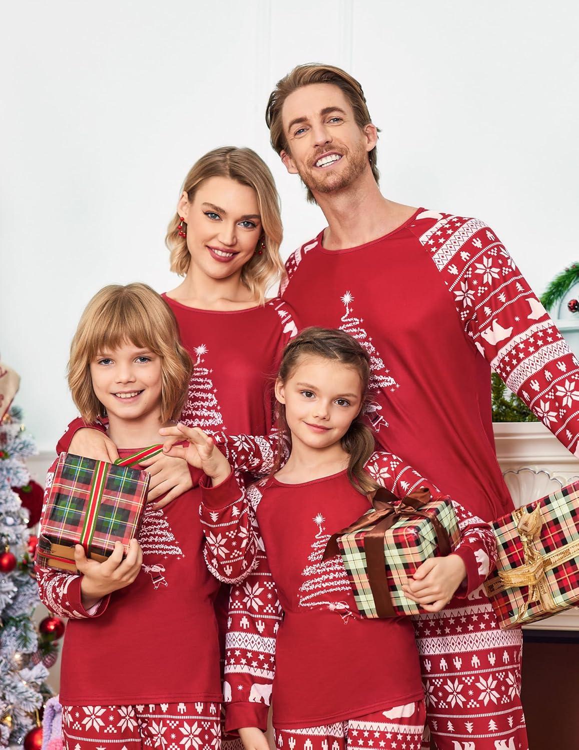 imageEkouaer Christmas Pajamas for Family Long Sleeve Pjs Matching Sets with Plaid Pants Soft Sleepwear LoungewearRed Christmas Tree
