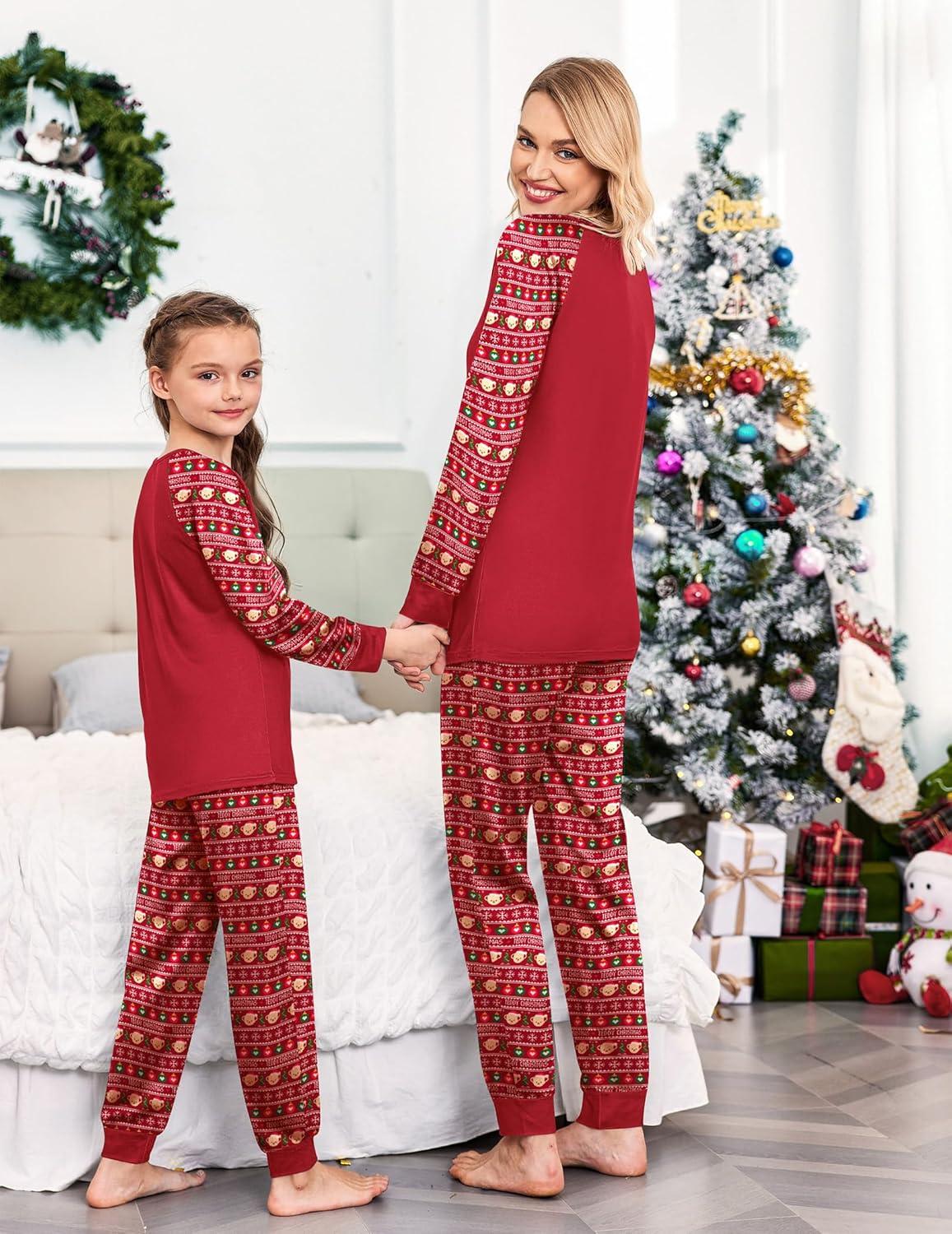 imageEkouaer Christmas Pajamas for Family Long Sleeve Pjs Matching Sets with Plaid Pants Soft Sleepwear LoungewearRed Teddy Bear