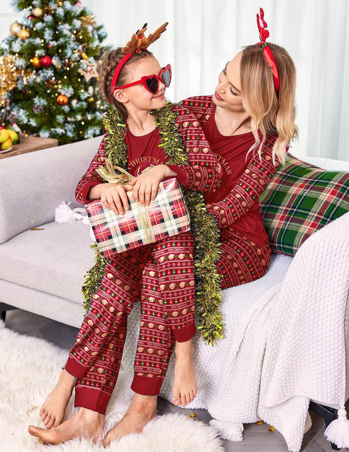 imageEkouaer Christmas Pajamas for Family Long Sleeve Pjs Matching Sets with Plaid Pants Soft Sleepwear LoungewearRed Teddy Bear