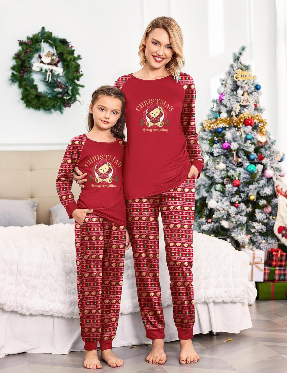 imageEkouaer Christmas Pajamas for Family Long Sleeve Pjs Matching Sets with Plaid Pants Soft Sleepwear LoungewearRed Teddy Bear