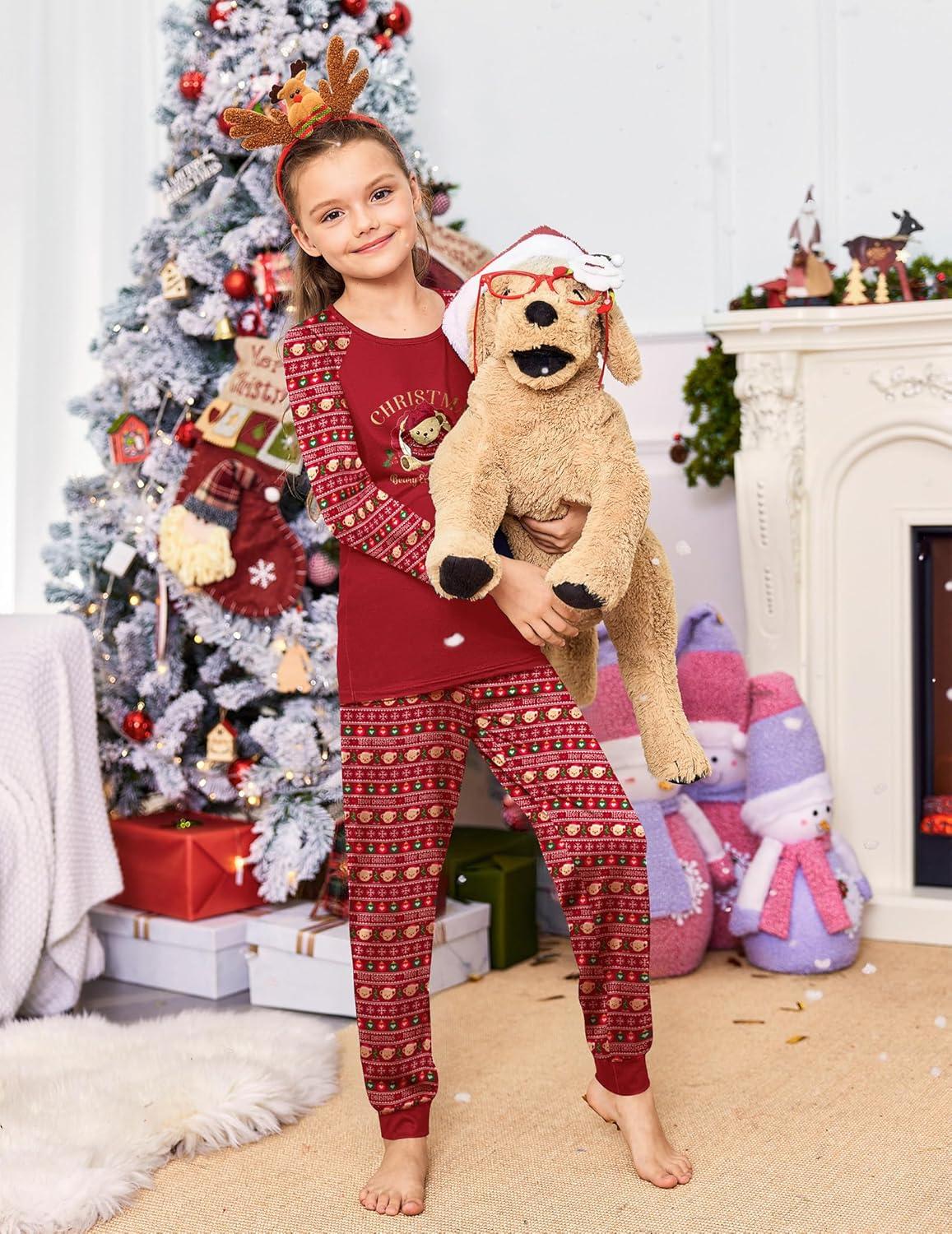 imageEkouaer Christmas Pajamas for Family Long Sleeve Pjs Matching Sets with Plaid Pants Soft Sleepwear LoungewearRed Teddy Bear