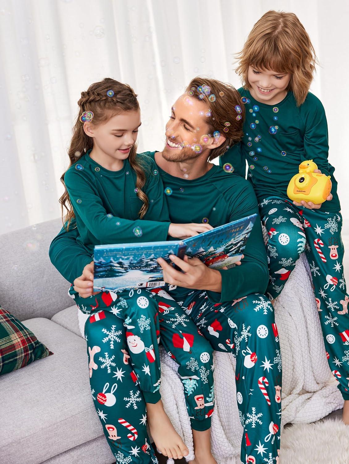 imageEkouaer Family Matching Pajamas Christmas Sleepwear Long Sleeve Sleep Shirt with Plaid Pants Soft Loungewear Pjs Set SXXLChristmas Green Print