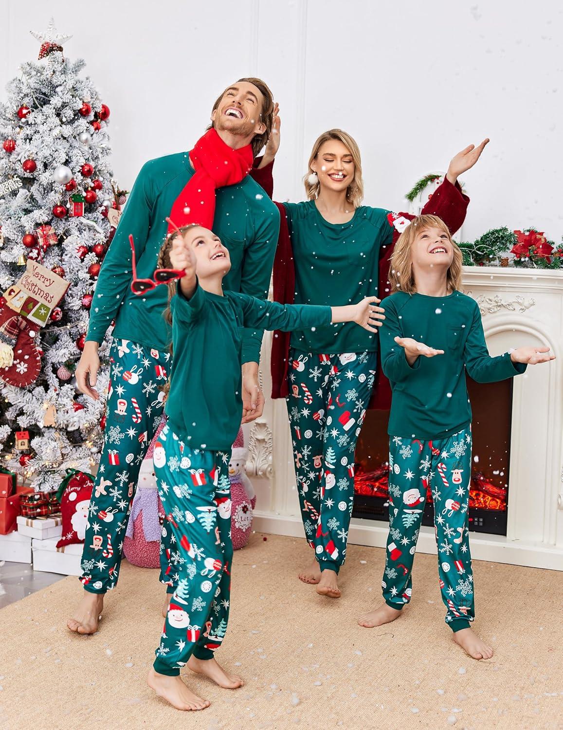 imageEkouaer Family Matching Pajamas Christmas Sleepwear Long Sleeve Sleep Shirt with Plaid Pants Soft Loungewear Pjs Set SXXLChristmas Green Print