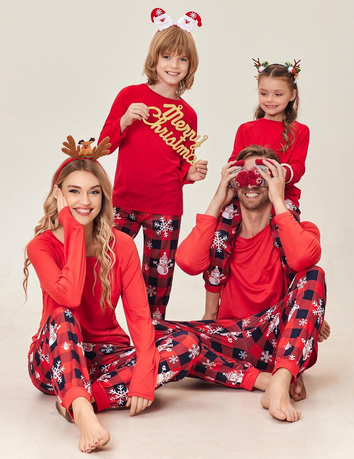 imageEkouaer Family Matching Pajamas Christmas Sleepwear Long Sleeve Sleep Shirt with Plaid Pants Soft Loungewear Pjs Set SXXLChristmas Snowman