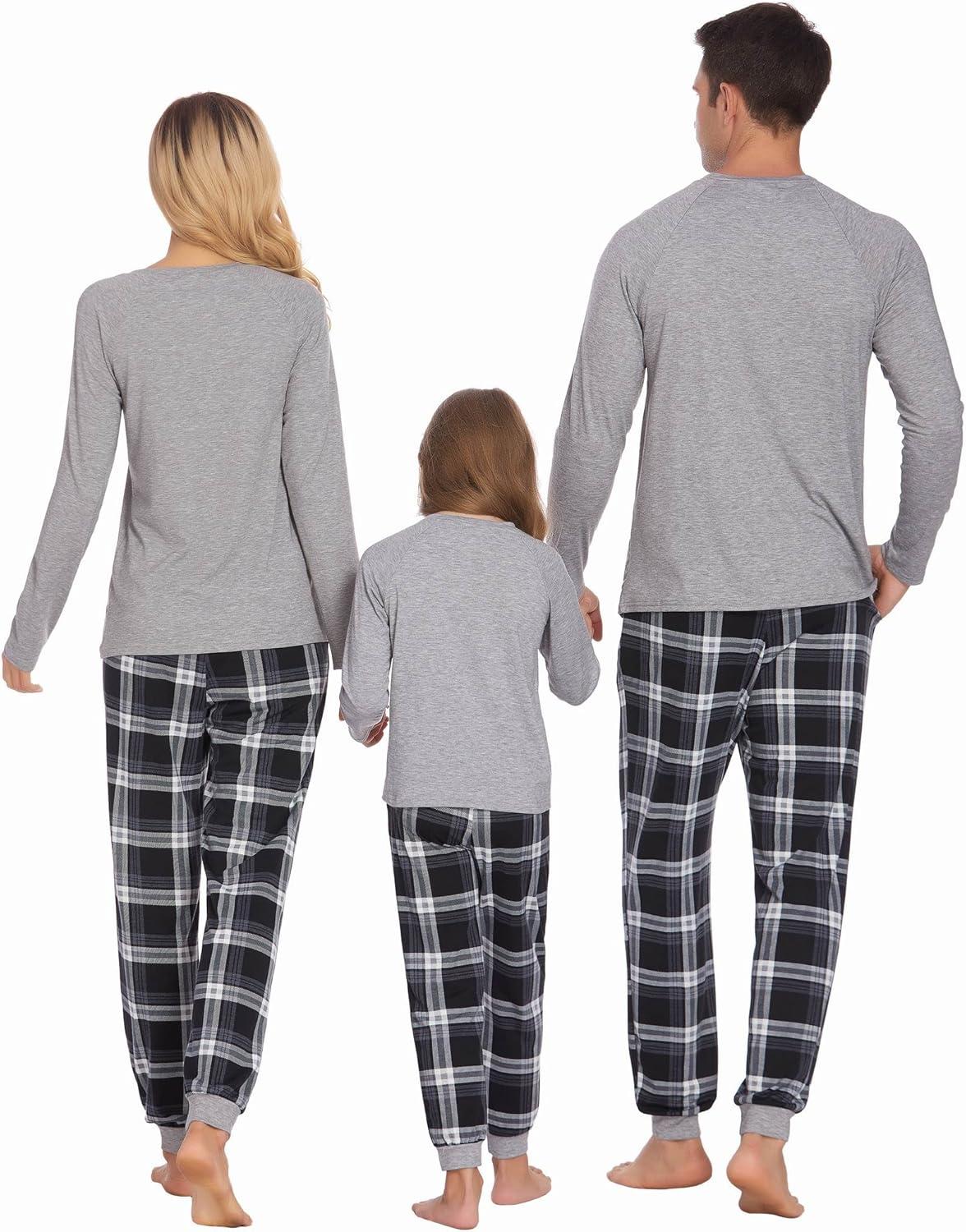 imageEkouaer Family Matching Pajamas Christmas Sleepwear Long Sleeve Sleep Shirt with Plaid Pants Soft Loungewear Pjs Set SXXLLight Grey
