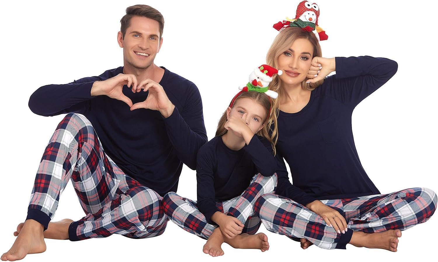 imageEkouaer Family Matching Pajamas Christmas Sleepwear Long Sleeve Sleep Shirt with Plaid Pants Soft Loungewear Pjs Set SXXLNavy