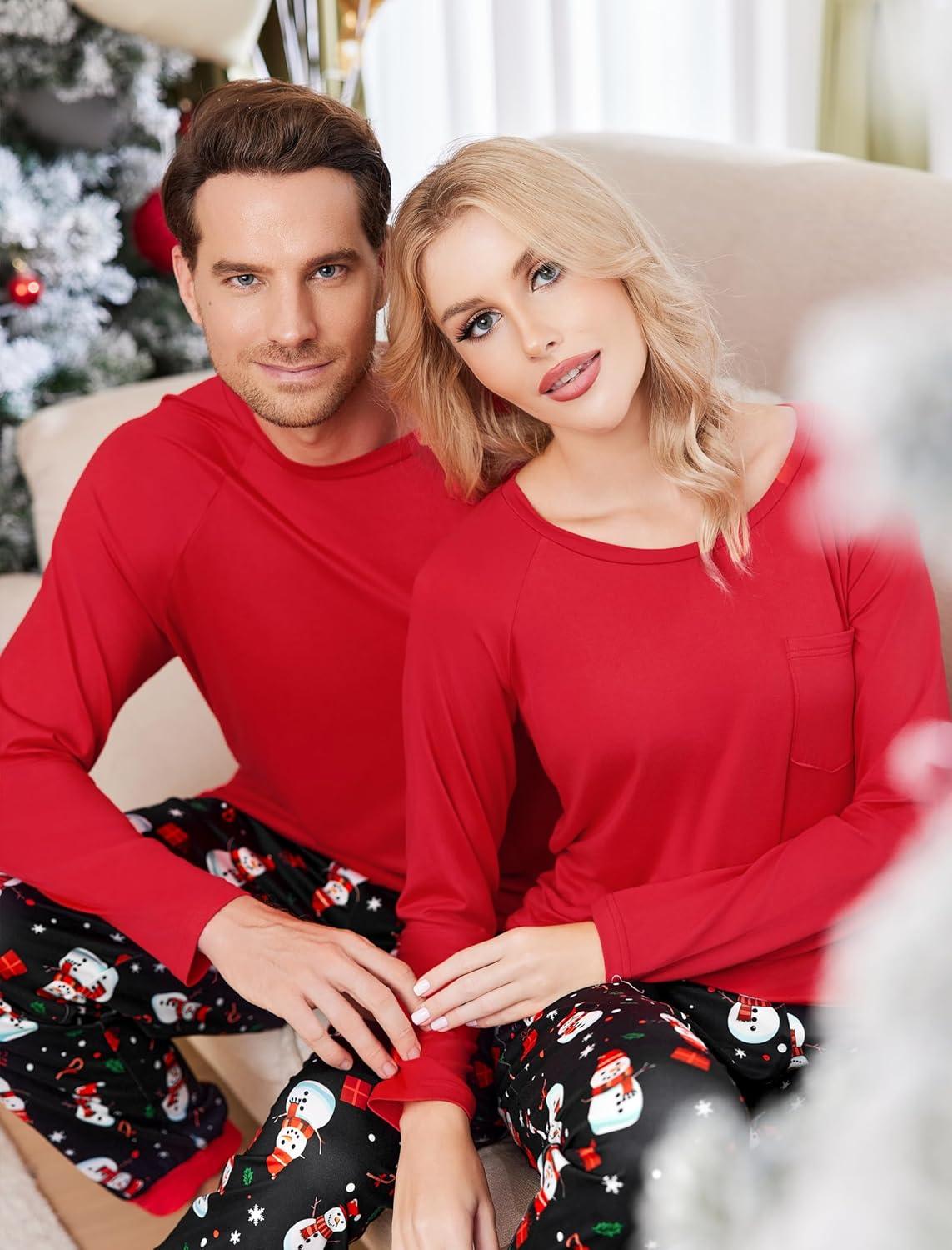 imageEkouaer Family Matching Pajamas Christmas Sleepwear Long Sleeve Sleep Shirt with Plaid Pants Soft Loungewear Pjs Set SXXLSnowman