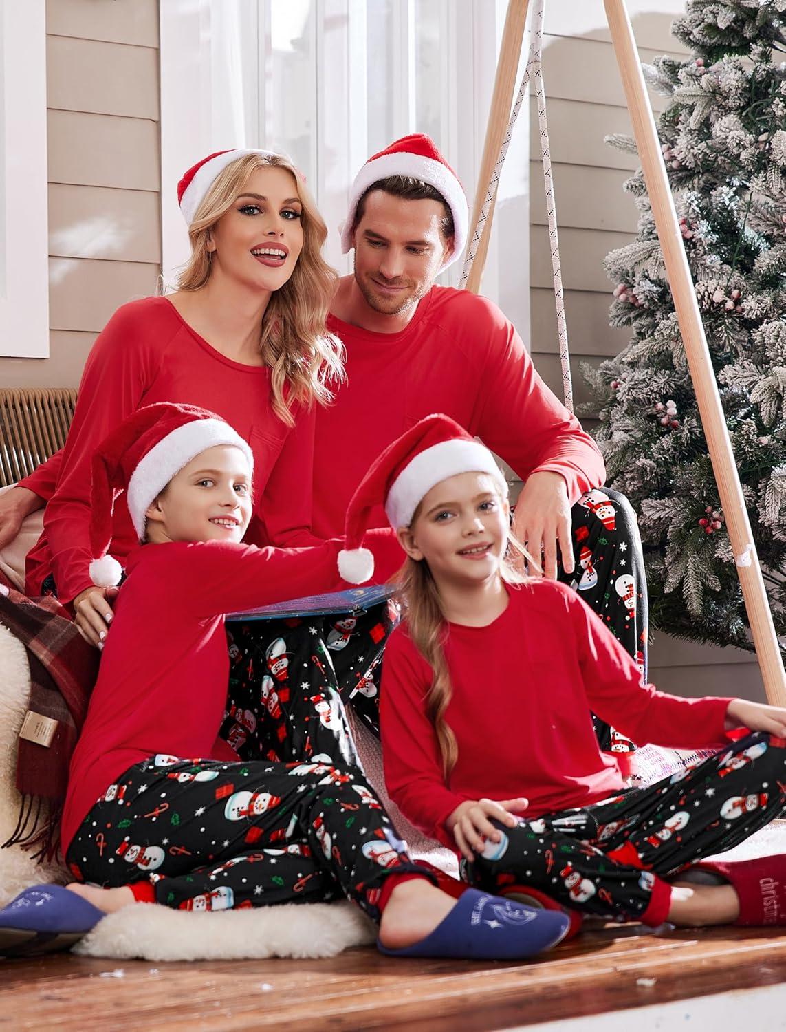 imageEkouaer Family Matching Pajamas Christmas Sleepwear Long Sleeve Sleep Shirt with Plaid Pants Soft Loungewear Pjs Set SXXLSnowman