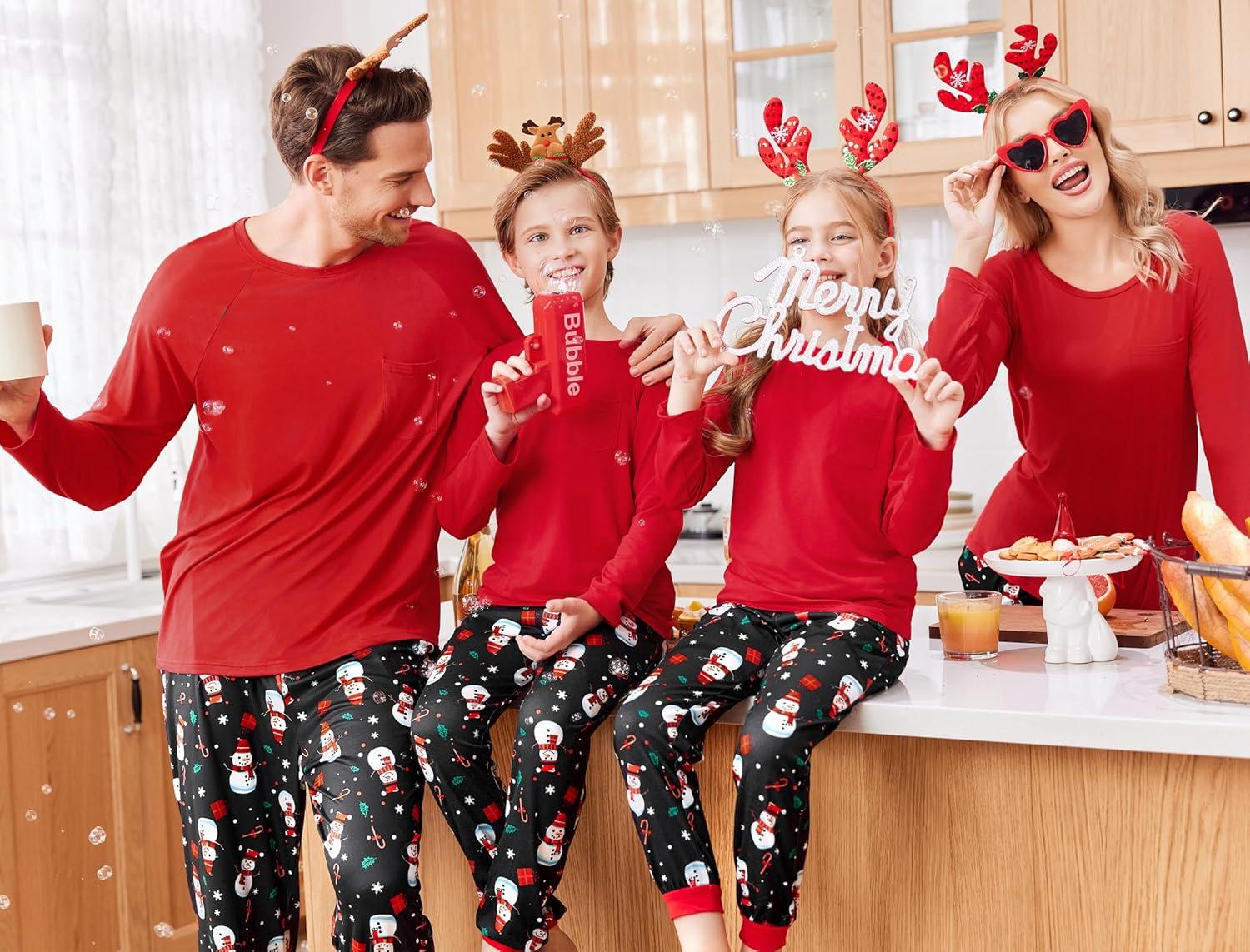 imageEkouaer Family Matching Pajamas Christmas Sleepwear Long Sleeve Sleep Shirt with Plaid Pants Soft Loungewear Pjs Set SXXLSnowman