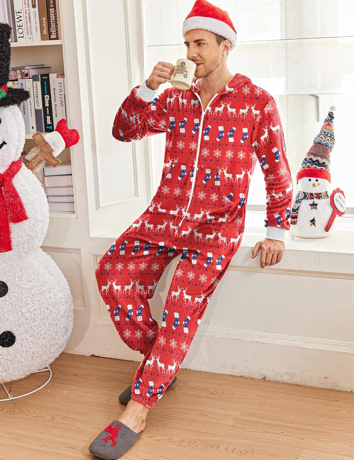 imageEkouaer Mens Onesie Christmas Hoodie Fleece One Piece Pajamas Zipper Up Flannel Adult Pjs SXXLChristmas Red