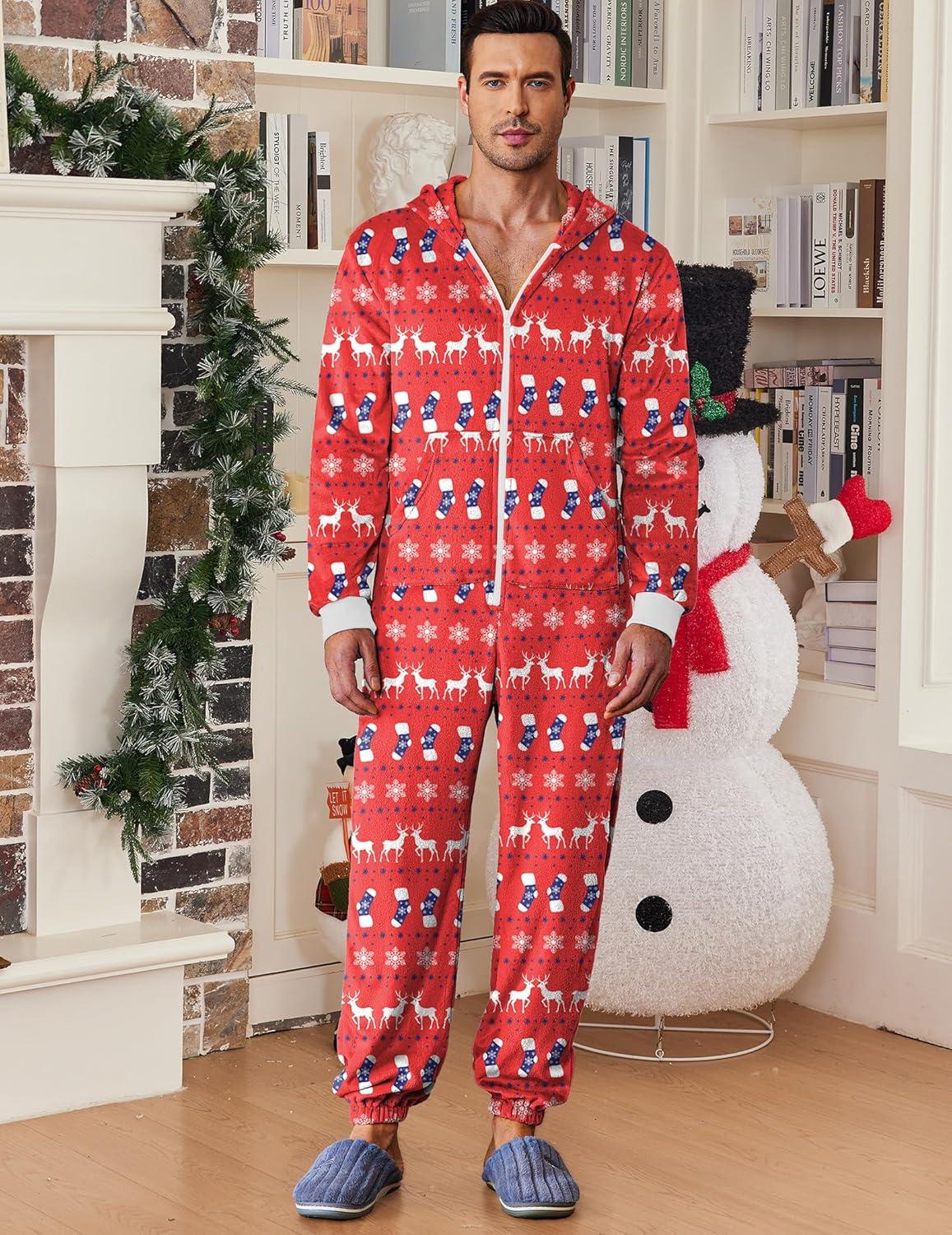imageEkouaer Mens Onesie Christmas Hoodie Fleece One Piece Pajamas Zipper Up Flannel Adult Pjs SXXLChristmas Red