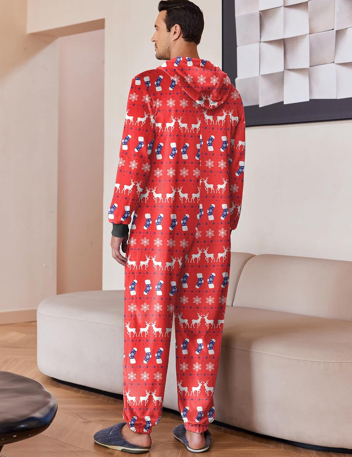 imageEkouaer Mens Onesie Christmas Hoodie Fleece One Piece Pajamas Zipper Up Flannel Adult Pjs SXXLChristmas Red