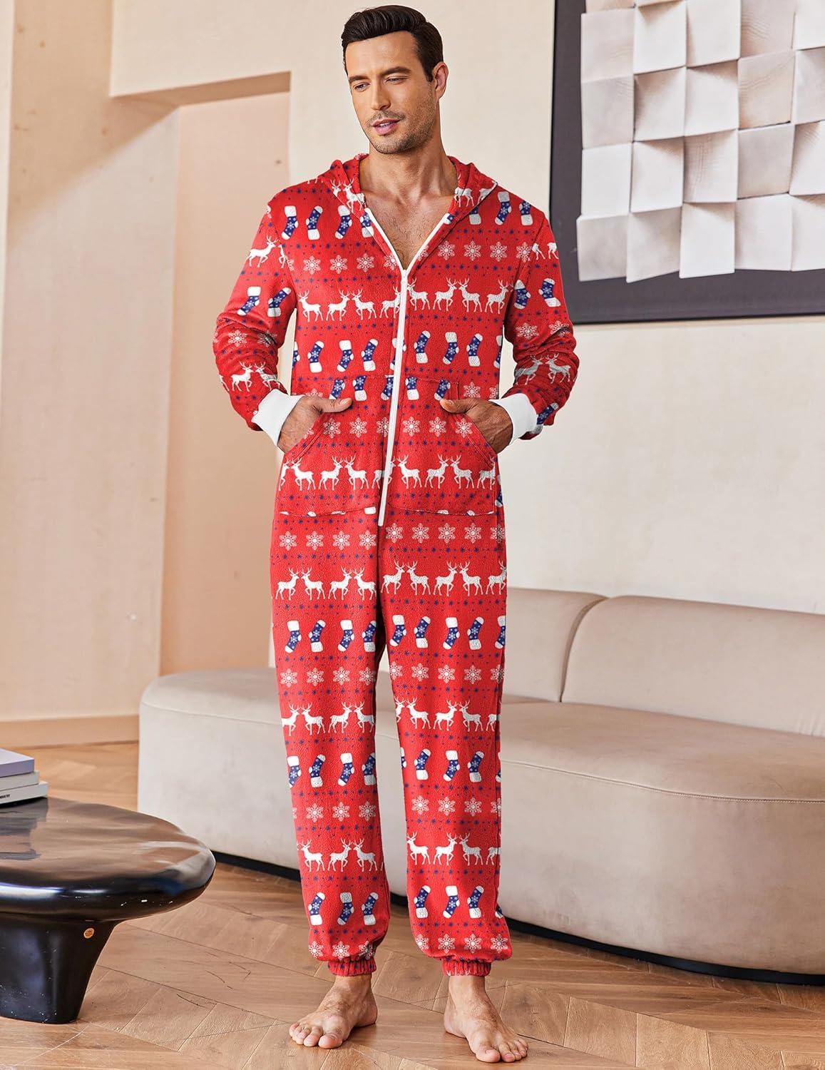 imageEkouaer Mens Onesie Christmas Hoodie Fleece One Piece Pajamas Zipper Up Flannel Adult Pjs SXXLChristmas Red