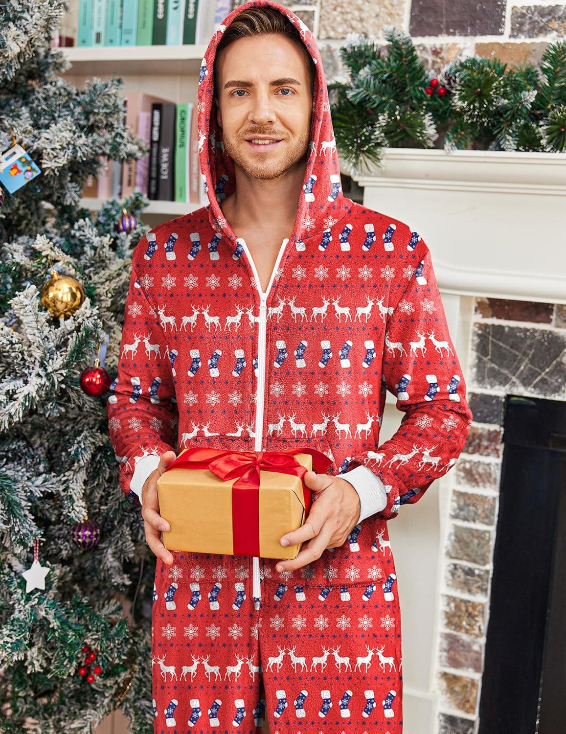 imageEkouaer Mens Onesie Christmas Hoodie Fleece One Piece Pajamas Zipper Up Flannel Adult Pjs SXXLChristmas Red
