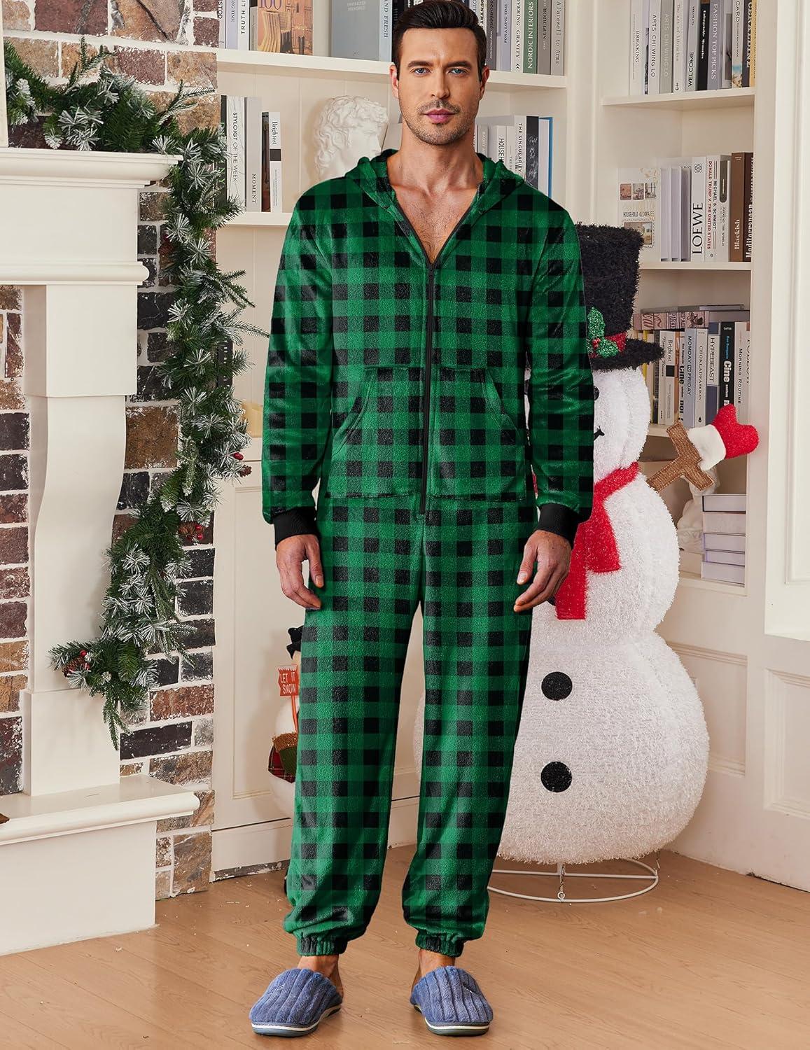 imageEkouaer Mens Onesie Christmas Hoodie Fleece One Piece Pajamas Zipper Up Flannel Adult Pjs SXXLGreen Plaid