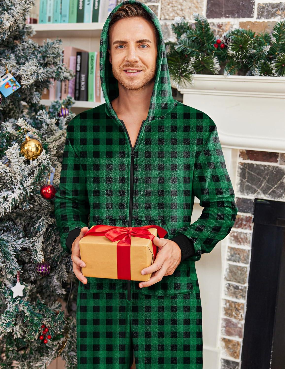imageEkouaer Mens Onesie Christmas Hoodie Fleece One Piece Pajamas Zipper Up Flannel Adult Pjs SXXLGreen Plaid