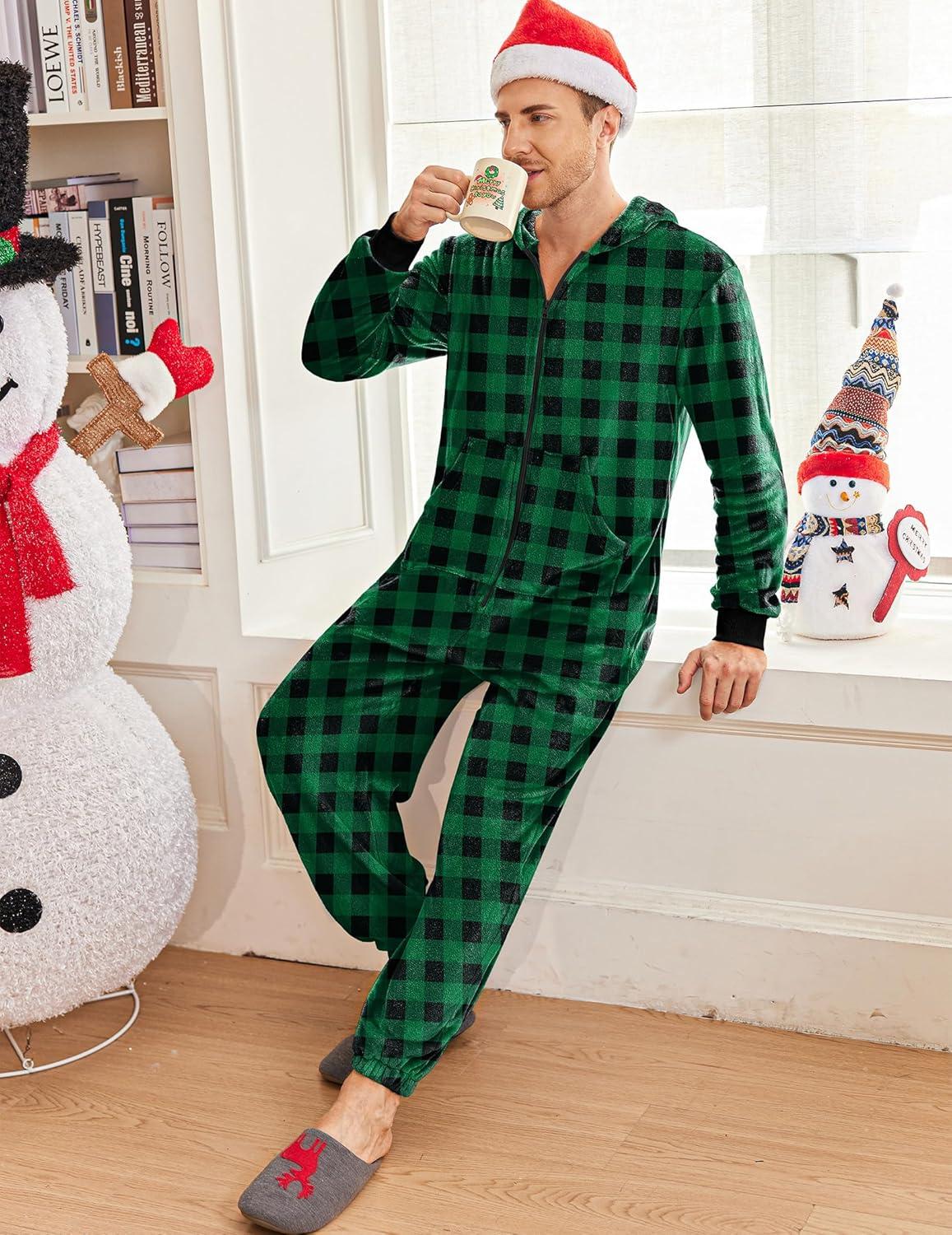 imageEkouaer Mens Onesie Christmas Hoodie Fleece One Piece Pajamas Zipper Up Flannel Adult Pjs SXXLGreen Plaid