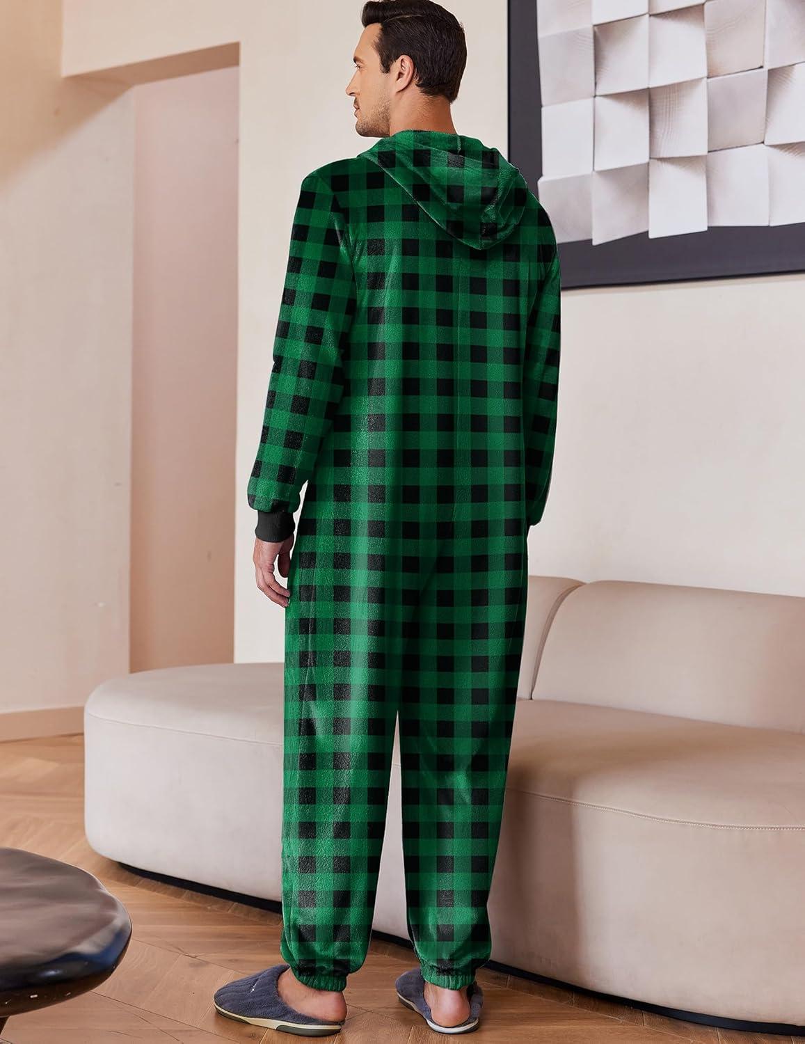 imageEkouaer Mens Onesie Christmas Hoodie Fleece One Piece Pajamas Zipper Up Flannel Adult Pjs SXXLGreen Plaid