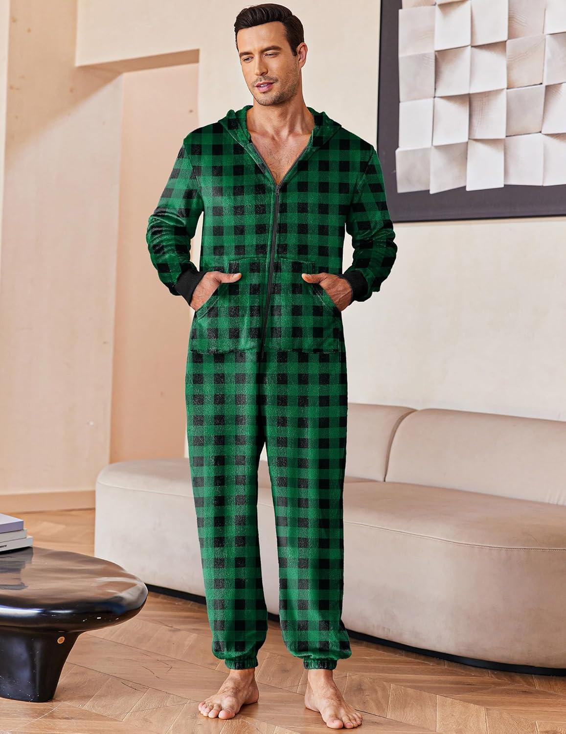imageEkouaer Mens Onesie Christmas Hoodie Fleece One Piece Pajamas Zipper Up Flannel Adult Pjs SXXLGreen Plaid