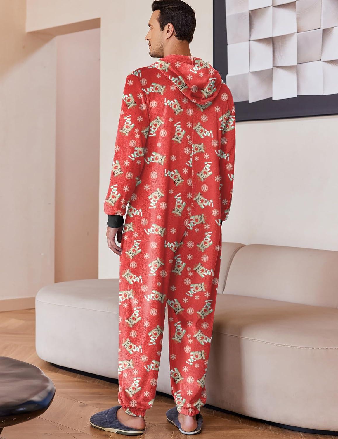 imageEkouaer Mens Onesie Christmas Hoodie Fleece One Piece Pajamas Zipper Up Flannel Adult Pjs SXXLReindeer Red