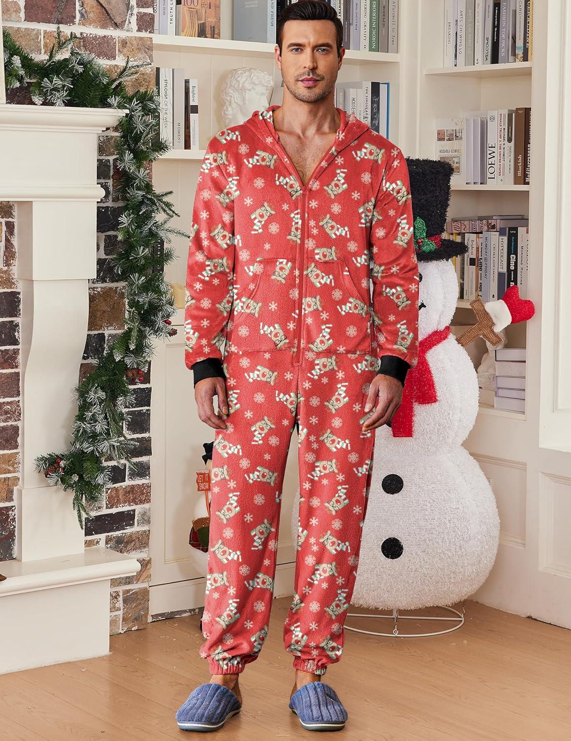 imageEkouaer Mens Onesie Christmas Hoodie Fleece One Piece Pajamas Zipper Up Flannel Adult Pjs SXXLReindeer Red