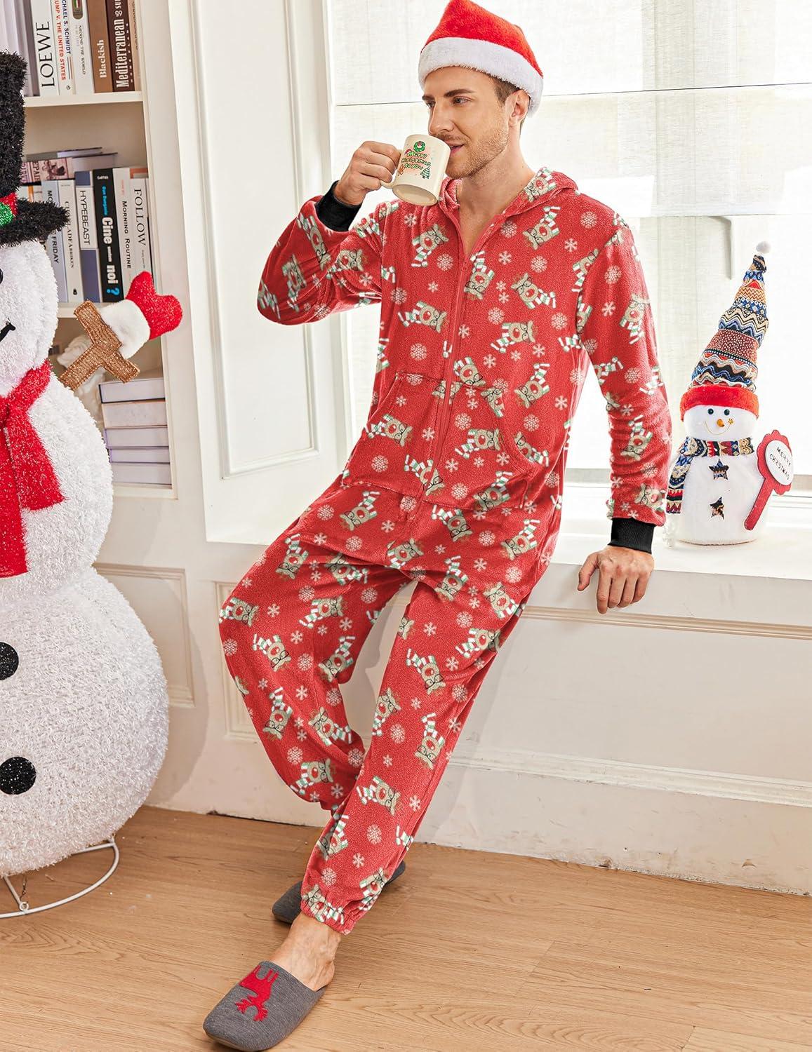 imageEkouaer Mens Onesie Christmas Hoodie Fleece One Piece Pajamas Zipper Up Flannel Adult Pjs SXXLReindeer Red