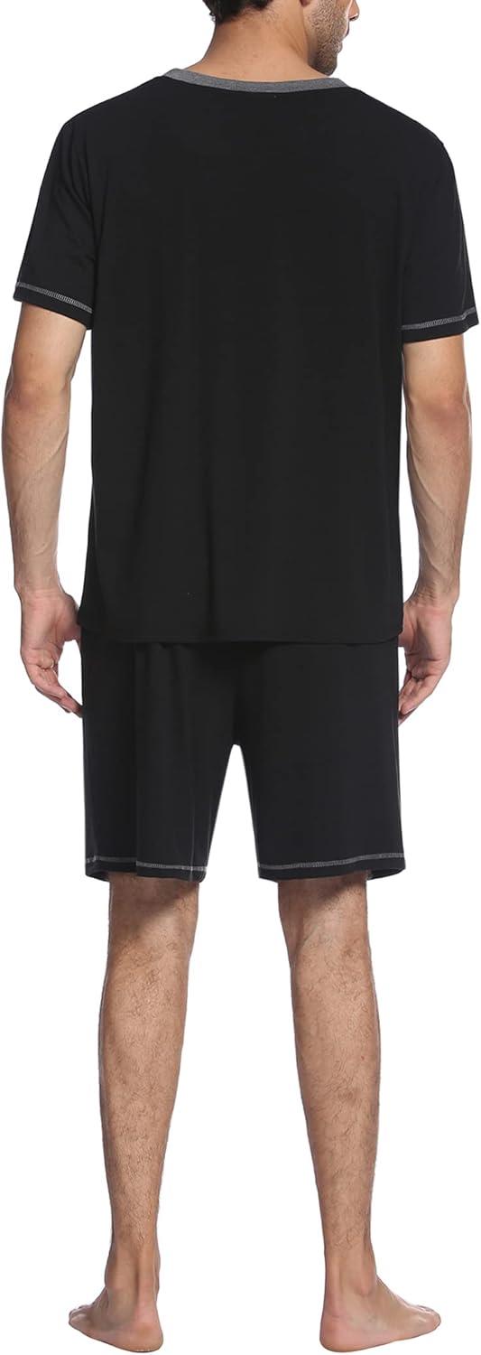 imageEkouaer Mens Pajama Set Short Sleeve V Neck 2 Piece Nightwear Shorts With Pockets Summer Sleepwear PJS for MenBlack