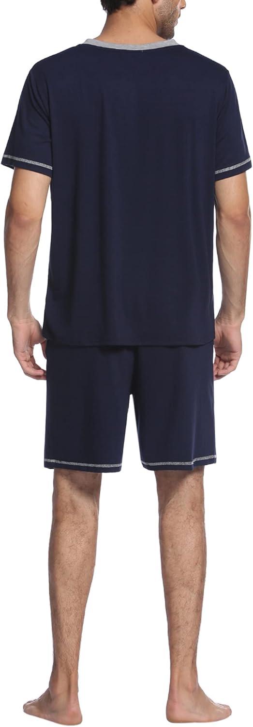 imageEkouaer Mens Pajama Set Short Sleeve V Neck 2 Piece Nightwear Shorts With Pockets Summer Sleepwear PJS for MenNavy Blue