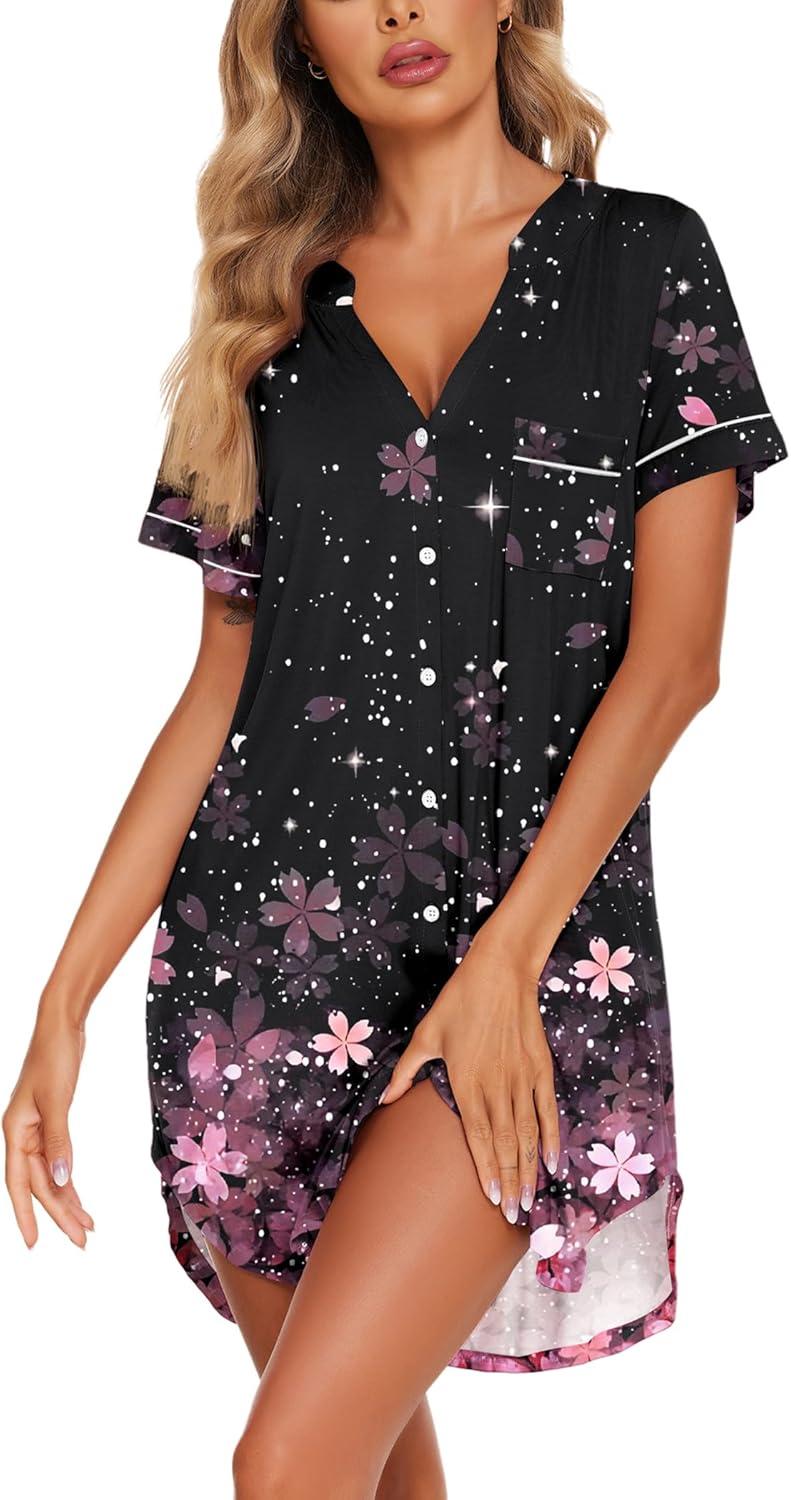 imageEkouaer Nightgowns for Women Button Down Night Gowns Short Sleeve Sleep Shirt V Neck Nightshirt Soft Sleepwear Pajams DressCherry Blossoms