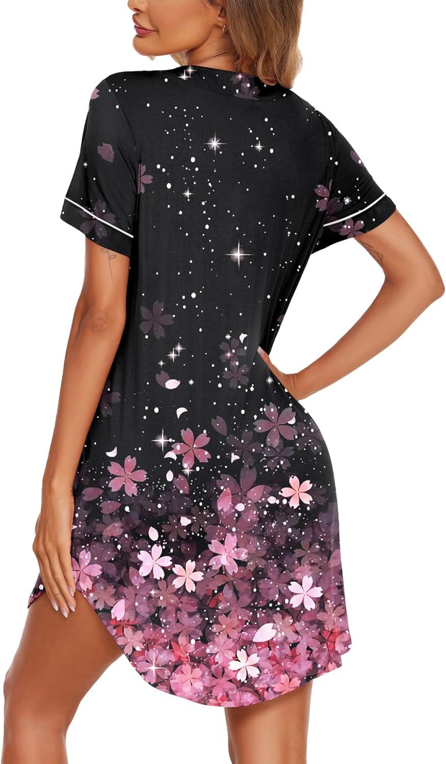 imageEkouaer Nightgowns for Women Button Down Night Gowns Short Sleeve Sleep Shirt V Neck Nightshirt Soft Sleepwear Pajams DressCherry Blossoms
