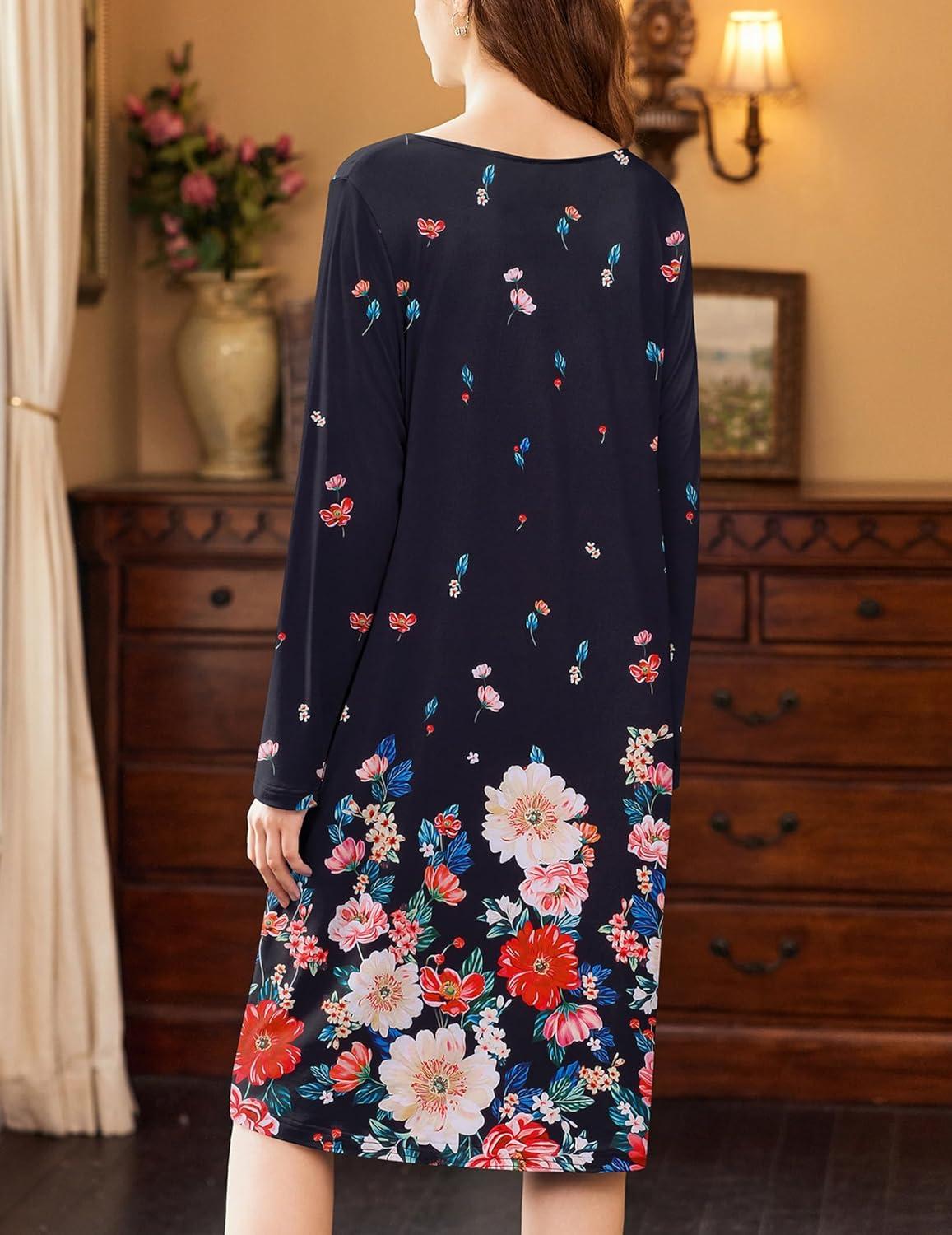 imageEkouaer Nightgowns for Women Long Sleeve Sleepshirt Button Nightshirt Floral Sleepwear Night Dress with Pockets SXXXLBlack Floral