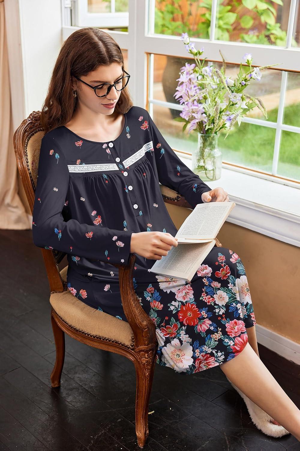 imageEkouaer Nightgowns for Women Long Sleeve Sleepshirt Button Nightshirt Floral Sleepwear Night Dress with Pockets SXXXLBlack Floral