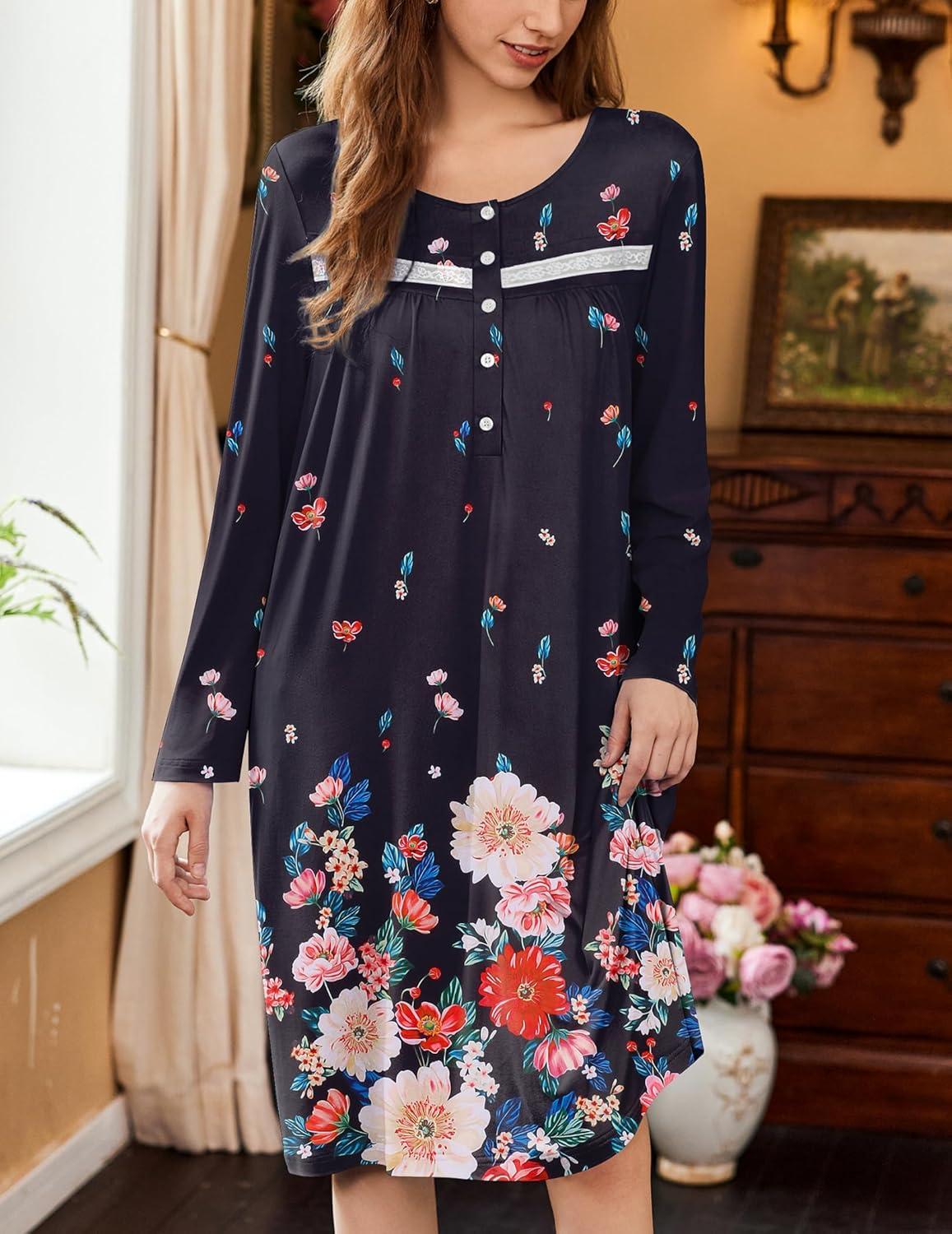 imageEkouaer Nightgowns for Women Long Sleeve Sleepshirt Button Nightshirt Floral Sleepwear Night Dress with Pockets SXXXLBlack Floral