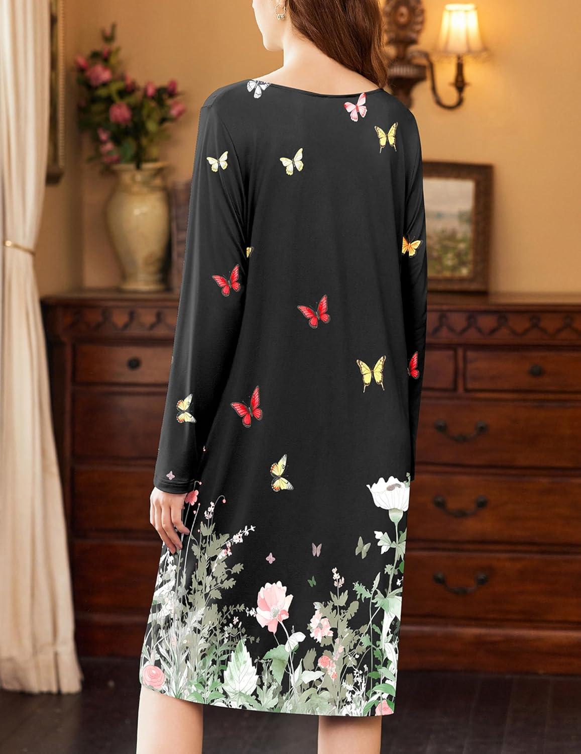 imageEkouaer Nightgowns for Women Long Sleeve Sleepshirt Button Nightshirt Floral Sleepwear Night Dress with Pockets SXXXLBlack Leaf Butterfly