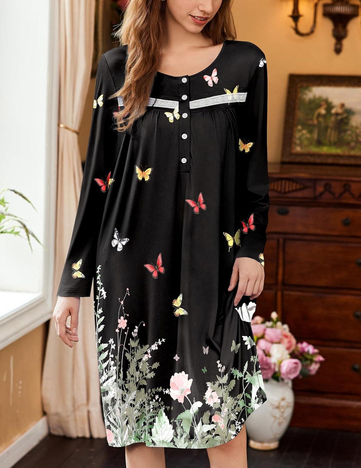 imageEkouaer Nightgowns for Women Long Sleeve Sleepshirt Button Nightshirt Floral Sleepwear Night Dress with Pockets SXXXLBlack Leaf Butterfly